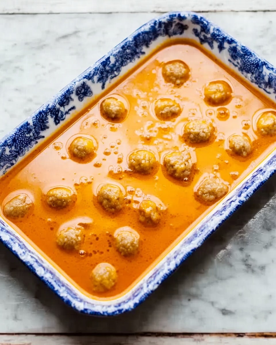 The image shows a rectangular white tray with blue patterns on the rim filled with bright orange soup. On top of the soup, small round pieces of light brown dough or dumplings float scattered across the surface. The soup looks smooth and slightly shiny, and the dumplings have a soft, textured appearance with some bubbling around them. The tray sits on a white marbled surface. photo taken with an iphone --ar 4:5 --v 7