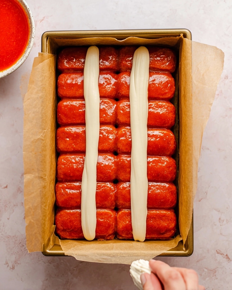 The image shows a rectangular baking pan lined with light brown parchment paper, filled with two rows of orange-red, glossy, rounded rectangular cakes arranged tightly together. On the left side, a woman's hand is piping a thick layer of pale cream-colored batter from top to bottom in three long, parallel strips along the inside edge of the pan. The surface below the pan is a white marbled texture, and a bowl with bright red sauce is partially visible in the top left corner. photo taken with an iphone --ar 4:5 --v 7