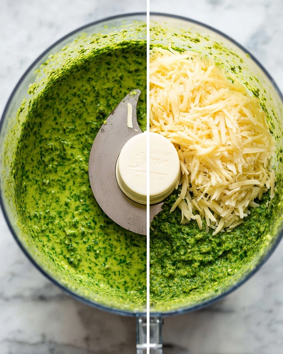 A clear food processor bowl sits on a white marbled surface, filled with a bright green, slightly coarse textured sauce with small bits showing the blended herbs and nuts evenly mixed. In a second view, the same green sauce fills the bottom of the bowl with a scattering of pale yellow shredded cheese resting on top next to the silver blade and white central part of the food processor. photo taken with an iphone --ar 4:5 --v 7