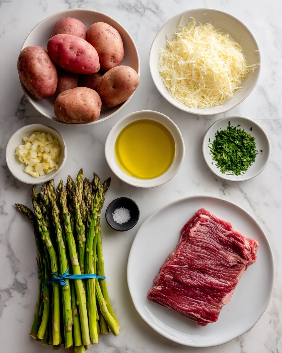 The image shows six groups of ingredients neatly arranged on a white marbled surface. On the left, a white bowl holds several whole red potatoes with a smooth, reddish-pink skin on top. Below it, another white bowl is filled with grated pale yellow parmesan cheese, fluffy and fine in texture. To the right of the potatoes, a small white bowl contains clear yellow olive oil with a smooth surface. Below the oil bowl is another small white bowl with finely chopped light yellow garlic. Next to it, a small black spoon holds finely chopped green parsley. On the right side of the image, a large white plate contains a single piece of raw flank steak, flat and rectangular, deep red with white marbling throughout. Below the plate, a tight bunch of fresh bright green asparagus spears is bound together by two blue rubber bands, showing vibrant tips and sturdy stalks. Photo taken with an iphone --ar 4:5 --v 7