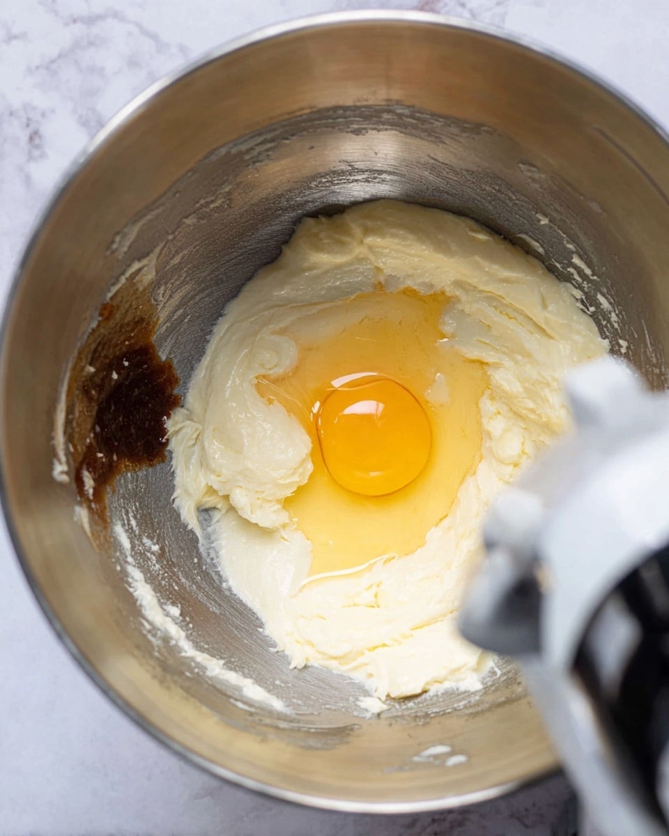 Inside a shiny metal mixing bowl on a white marbled surface, there are three clear layers of ingredients: at the bottom left, a dark brown sticky substance, above it, a thick creamy white layer covering most of the bowl’s base, and on top, a raw egg with a bright yellow yolk and clear whites sitting at the center. Part of a white and black mixer attachment is visible on the right side, resting against the mixture. photo taken with an iphone --ar 4:5 --v 7