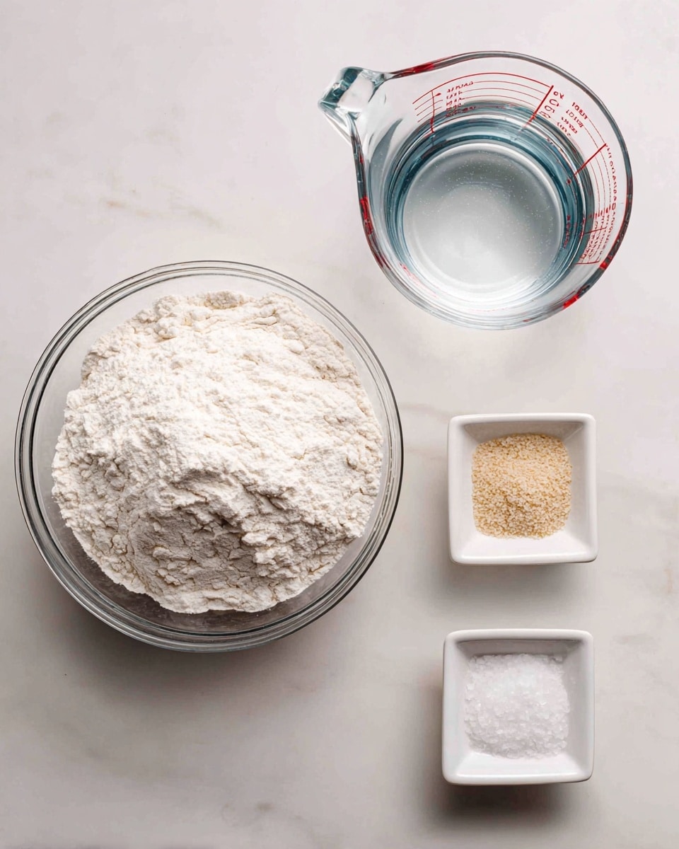 A clear glass bowl filled with a mound of white all-purpose flour sits on the left side of a white marbled surface. To the right of the flour bowl is a clear glass measuring cup filled with transparent water, showing red measurement lines. Below them, two small white square dishes hold dry ingredients: the left dish contains light brown yeast granules, and the right dish contains fine white salt crystals. Each ingredient is labeled with dark rectangles and white text above or near them. Photo taken with an iphone --ar 4:5 --v 7