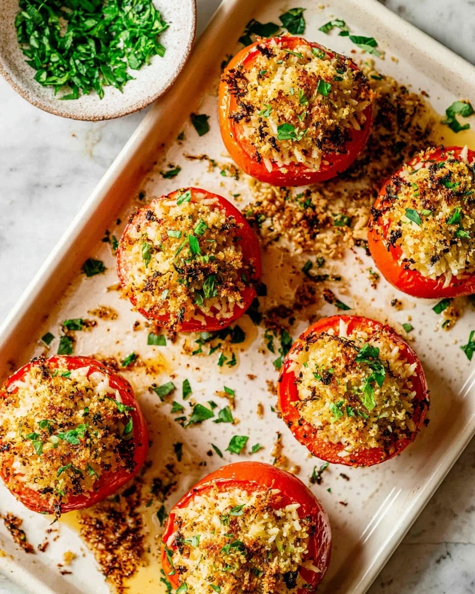 The image shows six stuffed tomatoes placed on a white baking tray with some browned crumbs scattered around. Each tomato is cut in half and topped with a golden-brown, crispy mixture of rice, herbs, and possibly nuts, giving a textured and crunchy look. The red of the tomato contrasts with the light yellow and green tones of the stuffing, which appears fluffy and uneven. Fresh green herb pieces are sprinkled over the top and around the tray, adding a fresh splash of color. In the top left corner, there is a small white bowl filled with chopped green herbs on a white marbled surface. Photo taken with an iphone --ar 4:5 --v 7