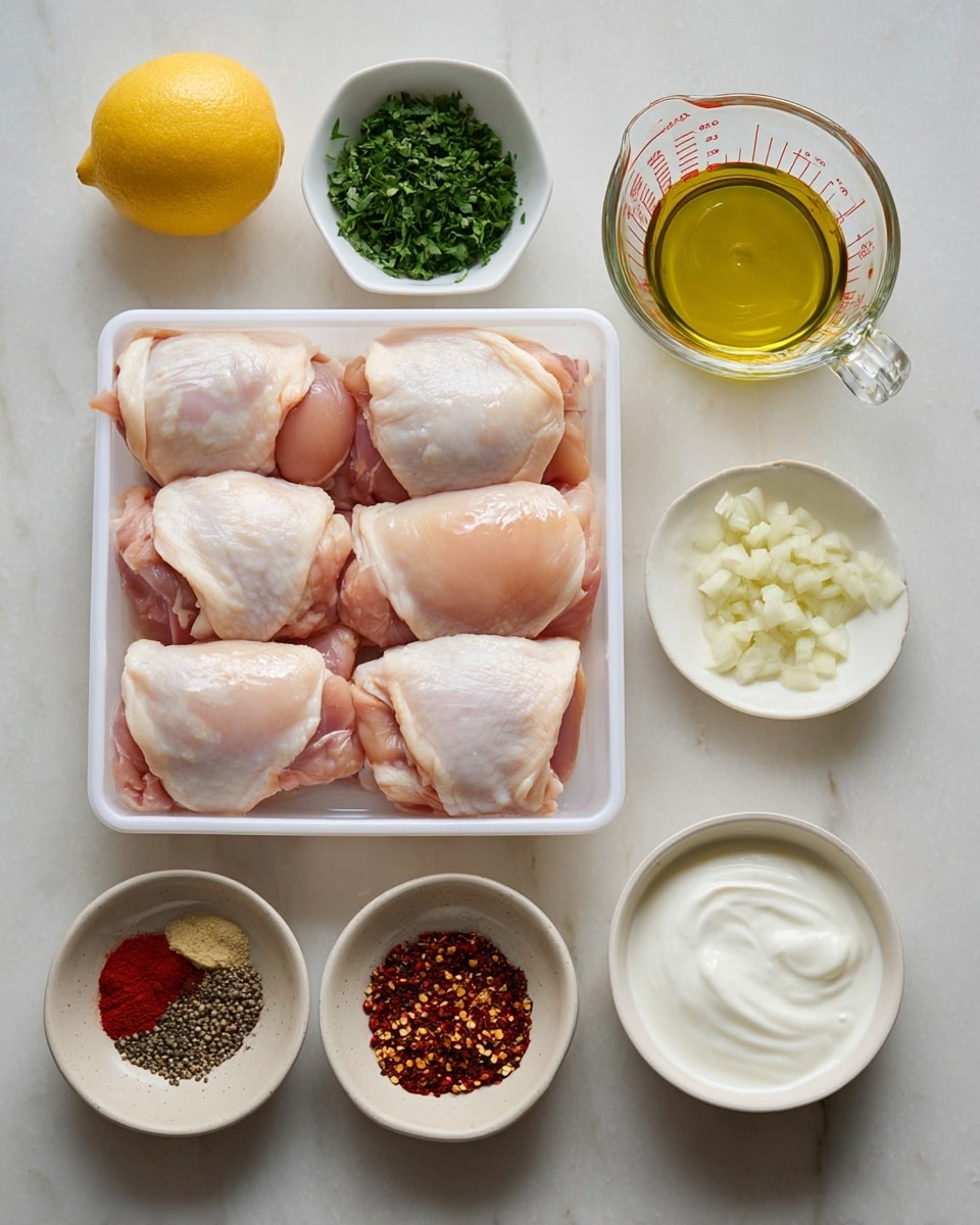 A white plastic container holds two neat rows of twelve smooth, pale pink chicken thighs with slight shiny skin. Above it on a white marbled surface are six small dishes and items, arranged in a loose grid: a small white bowl filled with chopped green herbs on the left, next to a halved bright yellow lemon with a slightly textured peel. To the right, a clear glass measuring cup shows golden olive oil with a green fleck inside. Below the herbs and lemon is an off-white bowl holding a mix of colorful spices including red chili flakes, black pepper, and brown cumin. Beside the spices, a small white bowl contains finely chopped garlic, and to the right is a small white bowl with smooth, thick white yogurt. The photo is taken with an iphone --ar 4:5 --v 7