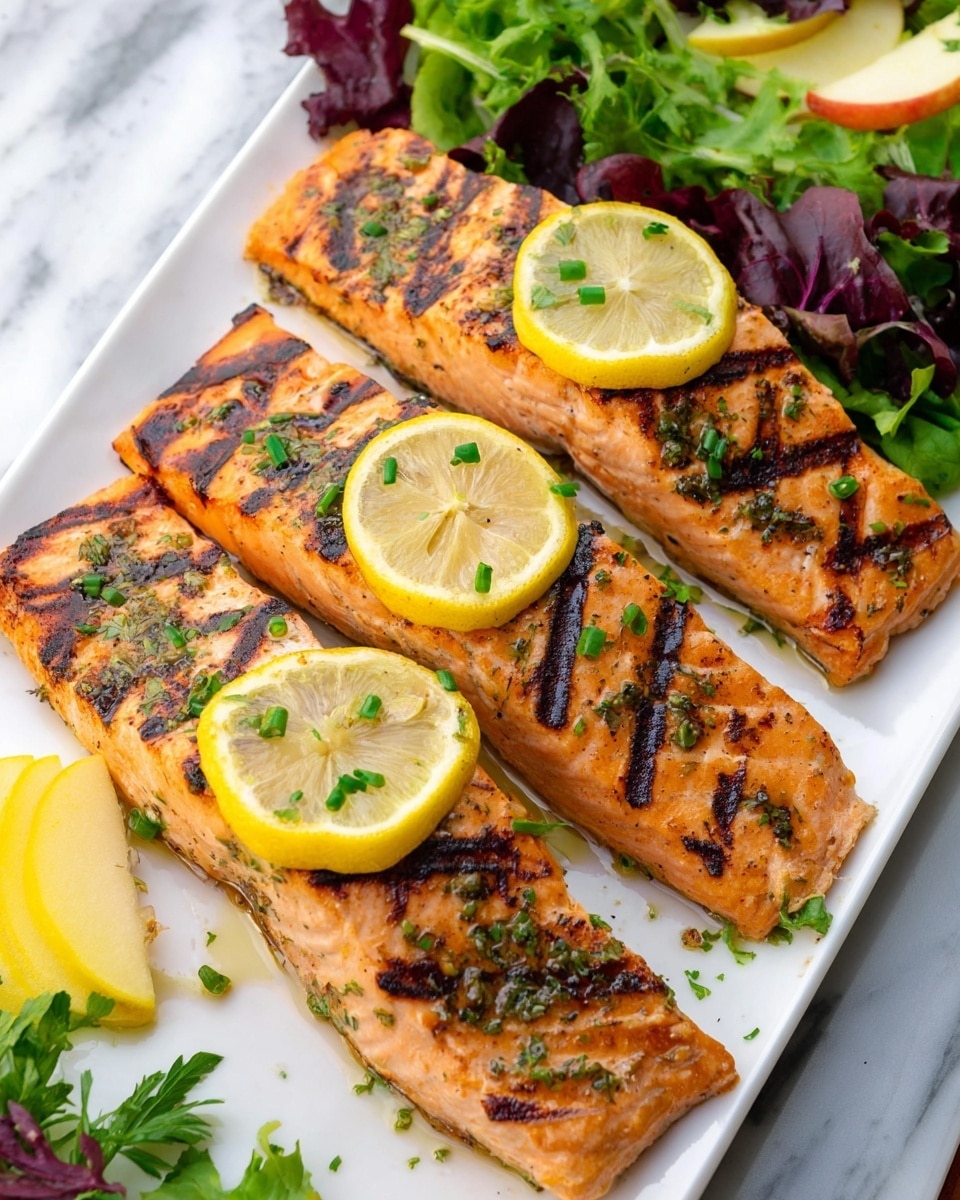 The image shows three grilled salmon fillets on a white plate, each fillet having dark grill marks across the pink-orange fish. Each fillet is topped with two thin lemon slices and sprinkled with small green herb pieces. The plate also contains mixed green and purple leafy salad on one side, with a few yellow apple slices mixed in. The background surface is a white marble texture. Photo taken with an iphone --ar 4:5 --v 7