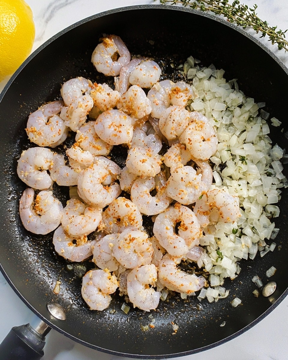 A black frying pan filled with light gray raw shrimp scattered on the left side, some shrimp showing a slight orange seasoning, sitting on a bed of finely chopped pale pink and white onions spread mainly on the right side of the pan with some overlap under the shrimp. The pan has small bubbles of cooking oil near the onions. The white marbled countertop holds a yellow lemon wedge near the top left corner and fresh green thyme near the top right, adding color and freshness to the scene. Photo taken with an iphone --ar 4:5 --v 7