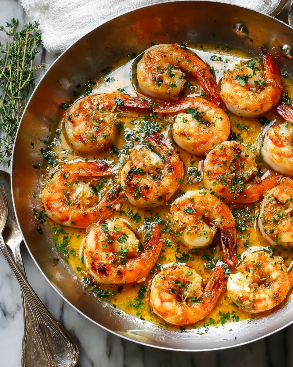 A close-up view of a metal pan filled with about sixteen cooked shrimp, each shrimp having a warm orange and pink color with a slight char on the edges, sitting in a glossy, golden garlic butter sauce. Bright green chopped herbs are sprinkled evenly over the shrimp and sauce. The pan is shiny with some butter reflections, and there are a few sprigs of fresh thyme around the shrimp. The setting shows a shiny silver fork and spoon partly visible at the bottom left on a white marbled surface. photo taken with an iphone --ar 4:5 --v 7