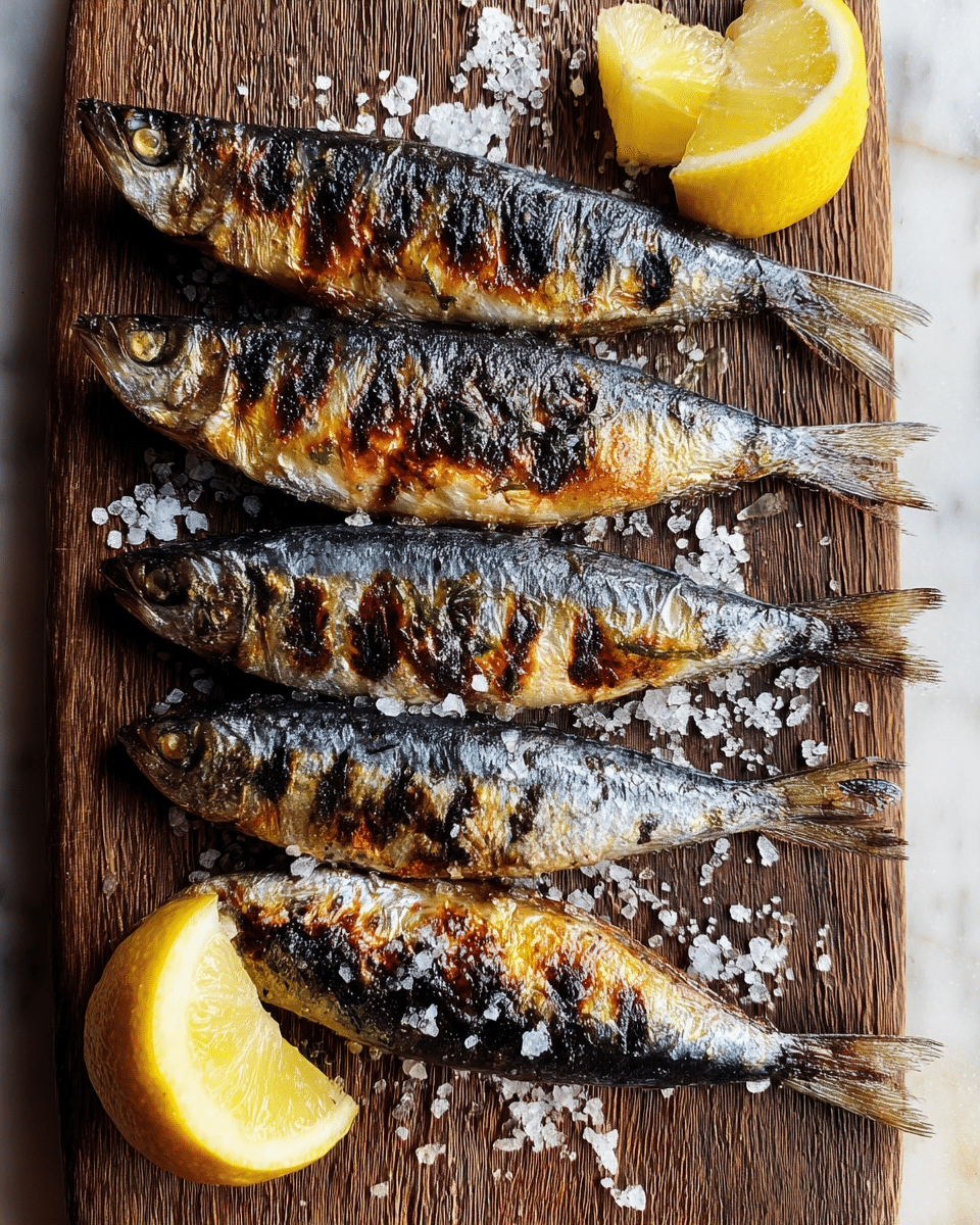 Five grilled sardines lie side by side on a wooden board arranged horizontally, each fish showing dark burned grill marks over shiny silver skin with hints of brown and black char. Large coarse salt crystals are scattered across the fish and board, adding texture and contrast. Two lemon wedges with bright yellow flesh and white rind sit diagonally opposite each other at the top right and bottom left corners of the board. The wooden board with a dark grain is set on a white marbled surface. Photo taken with an iphone --ar 4:5 --v 7