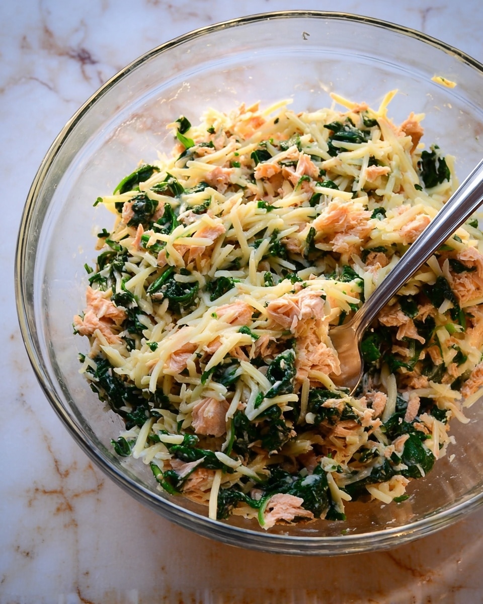 A clear glass bowl contains a mix of shredded pale yellow cheese, small pieces of light orange salmon, and dark green cooked spinach, evenly scattered and combined throughout. A silver fork rests inside the bowl on the right side, partially submerged in the mixture. The bowl sits on a white marbled surface with subtle veins of grey and brown. Photo taken with an iphone --ar 4:5 --v 7