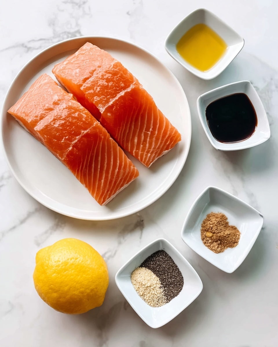 Two raw salmon fillets with bright orange color and smooth texture are placed side by side on a white plate in the center. Around the plate are four small square white bowls each holding a different ingredient: dark soy sauce, yellow oil, mixed dry spices with black, white, and beige powders, and brown sugar. A whole yellow lemon sits near the bottom left corner. All items are on a white marbled surface that provides a clean and soft background. photo taken with an iphone --ar 4:5 --v 7