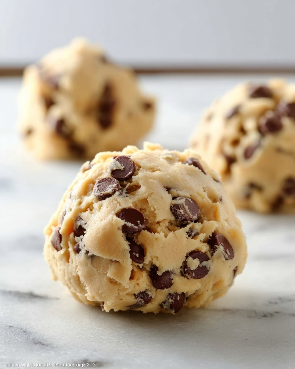 The image shows three round scoops of chocolate chip cookie dough placed on a white marbled surface, with the closest scoop in sharp focus and the other two blurred in the background. Each scoop is light beige with a soft, slightly crumbly texture and is filled with dark brown chocolate chips scattered unevenly throughout. The cookie dough looks moist and dense, with small lumps and a rough surface, giving a fresh, homemade feel. photo taken with an iphone --ar 4:5 --v 7