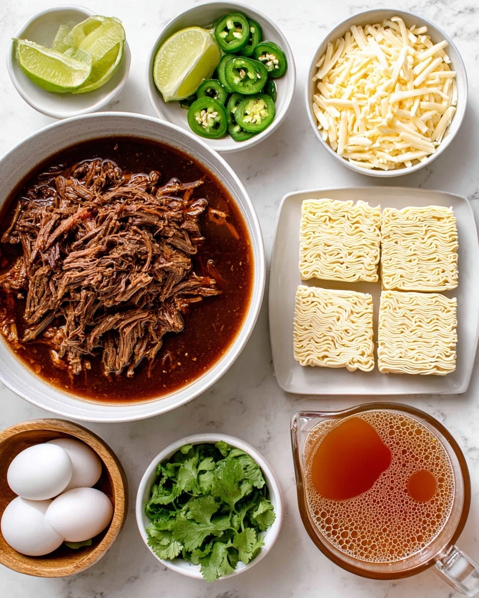 The image shows a white bowl full of shredded beef birria in a rich, dark brown sauce, placed in the center. To the right, there is a white bowl with three blocks of uncooked light beige ramen noodles, next to a clear glass measuring cup filled with amber-colored beef stock with bubbles on top. Above the beef birria bowl, there is a small white bowl filled with off-white shredded Monterey Jack cheese. To the left side of the beef, there are smaller white bowls containing sliced green onions, bright green jalapeno slices, and fresh lime wedges, as well as a small wooden bowl with two white soft boiled eggs and another wooden bowl filled with bright green cilantro leaves. All items are arranged on a white marbled surface. Photo taken with an iphone --ar 4:5 --v 7