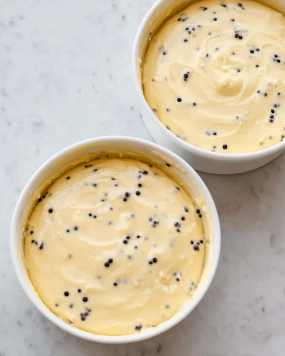 Two white bowls filled with pale yellow batter studded with scattered small black seeds, showing a thick and smooth texture with gentle swirls on the surface, placed on a white marbled surface, photo taken with an iphone --ar 4:5 --v 7