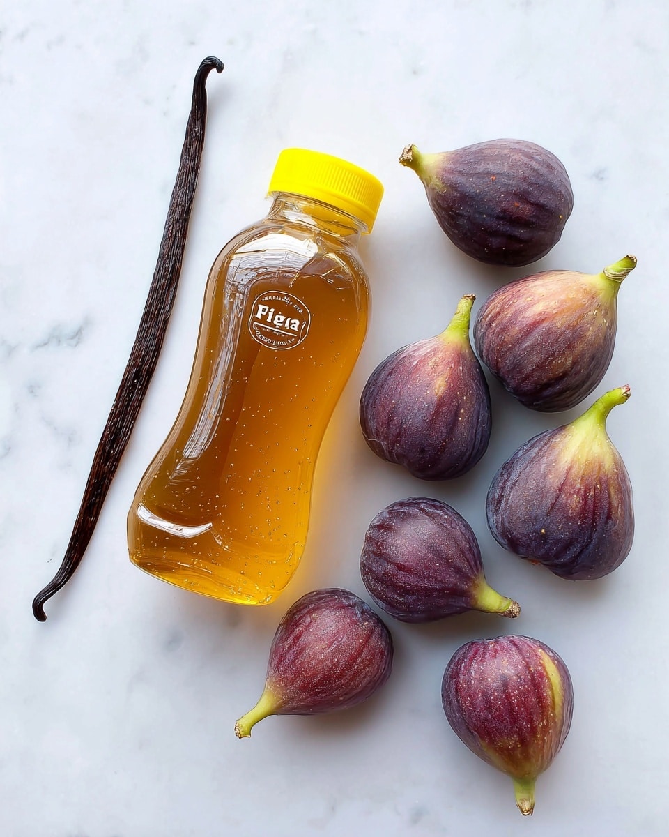 A clear plastic bottle filled with golden brown mild honey with a bright yellow cap is placed on the left side of the image. Above the honey bottle is a dark brown, slightly curved vanilla bean with a smooth, slightly wrinkled texture. On the right side, there are eleven fresh figs scattered loosely; each fig has a smooth, shiny surface with a gradient of deep purple and reddish hues, and small green stems on top. All items are arranged on a white marbled surface. photo taken with an iphone --ar 4:5 --v 7