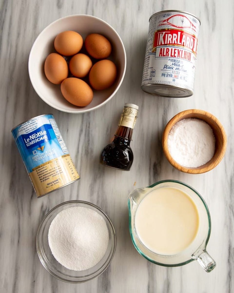 The image shows several ingredients neatly arranged on a white marbled surface. On the left, there is a white bowl filled with five brown eggs. Next to it, there is a can of Nestlé La Lechera sweetened condensed milk and a Kirkland evaporated milk can, both standing upright. To the right of the cans, there is a small wooden bowl with a white powder inside, a bottle of vanilla extract, a white bowl filled with white granulated sugar, and a glass measuring cup with a creamy white liquid inside. All items are placed close together and viewed from above, capturing a clear and organized setup for baking. Photo taken with an iphone --ar 4:5 --v 7