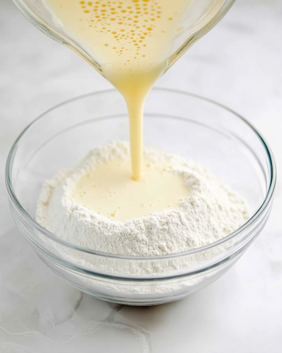 A clear glass bowl sits on a white marbled surface, filled with white flour that forms the base layer. Above the flour, a pale yellow liquid is being poured from another smaller clear glass bowl, creating a smooth stream that blends into the flour below. The smaller bowl contains a light, frothy cream-colored liquid with tiny bubbles on top, tilted carefully as the liquid flows down. The edges of the bowls are shiny and clear, showing off the textures inside. Photo taken with an iphone --ar 4:5 --v 7