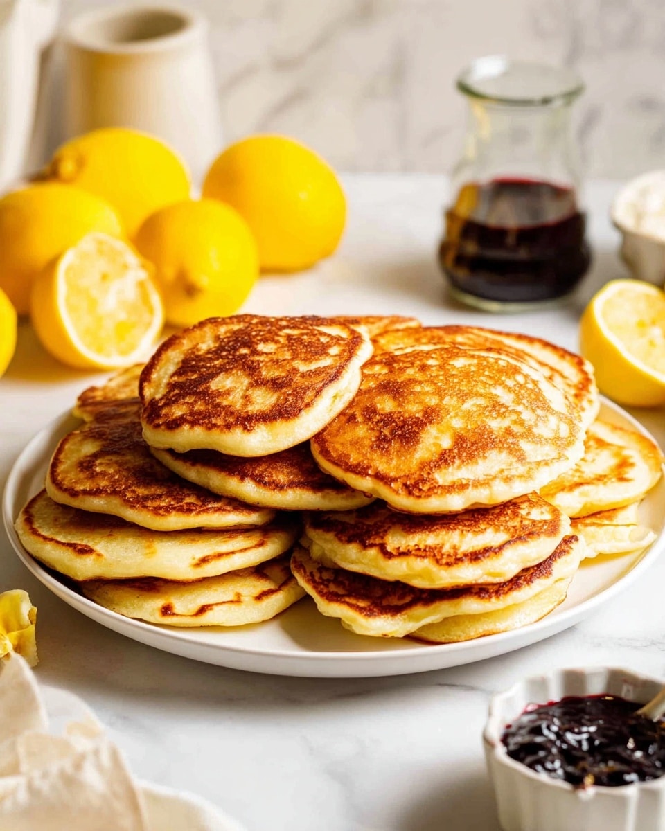 A white plate filled with eight thick, golden-brown pancakes stacked closely together, each pancake showing a slightly different shade of cooked brown with a textured surface from being cooked on a hot pan. The pancakes have soft edges and a fluffy, slightly uneven shape that looks warm and fresh. Around the plate, there are yellow lemons, a small clear glass bottle containing dark syrup, and a small white bowl filled with dark berry jam. The background is a white marbled texture with soft natural lighting that highlights the pancakes and the surrounding objects. photo taken with an iphone --ar 4:5 --v 7