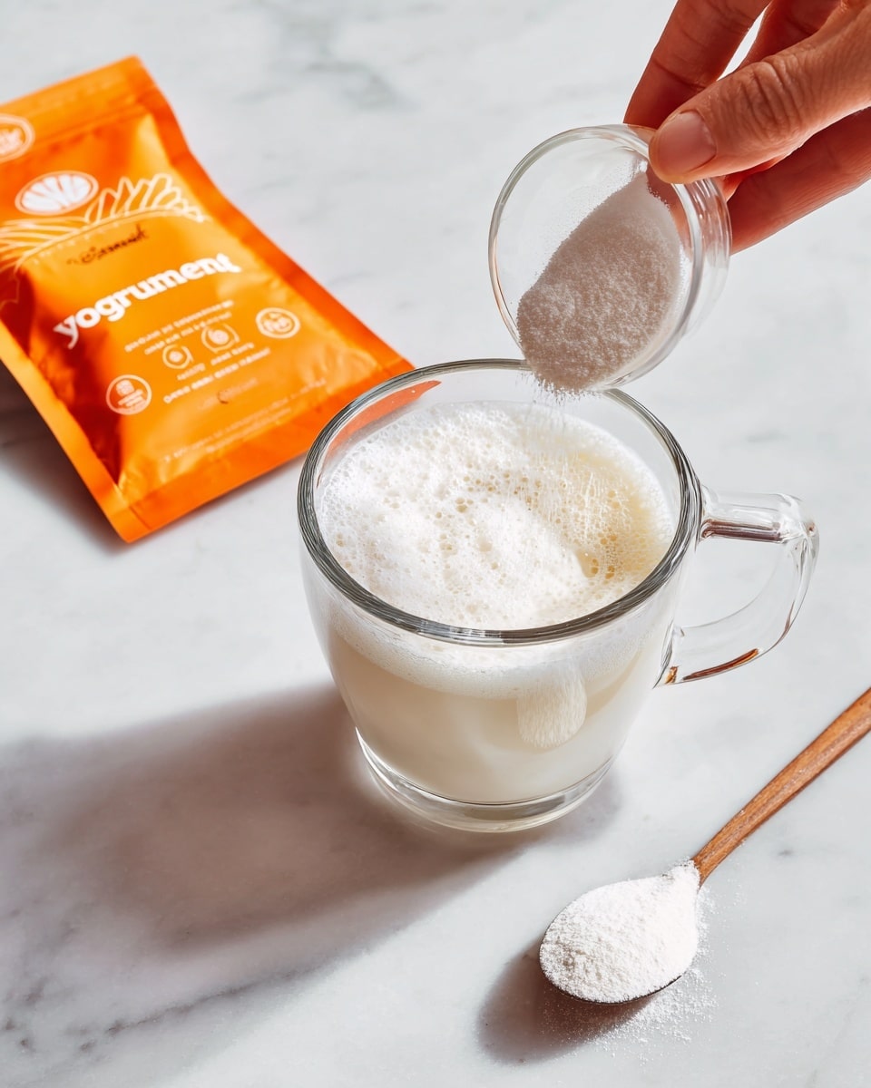 A clear glass cup is filled almost to the top with a white, foamy liquid that has a slightly frothy texture. A woman's hand holds an open orange packet labeled
