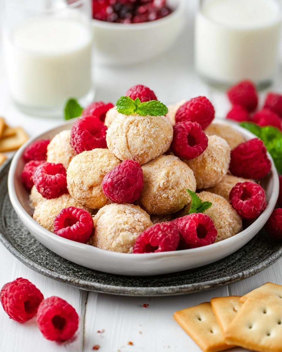 A white plate filled with round light beige balls covered in a crumbly texture, mixed with fresh bright red raspberries scattered around and on top, garnished with a small green mint sprig in the center; the plate sits on a textured dark gray tray, all placed on a white marbled surface with more raspberries and pale square crackers partially visible nearby, along with two glasses of white milk blurred in the background, photo taken with an iphone --ar 4:5 --v 7