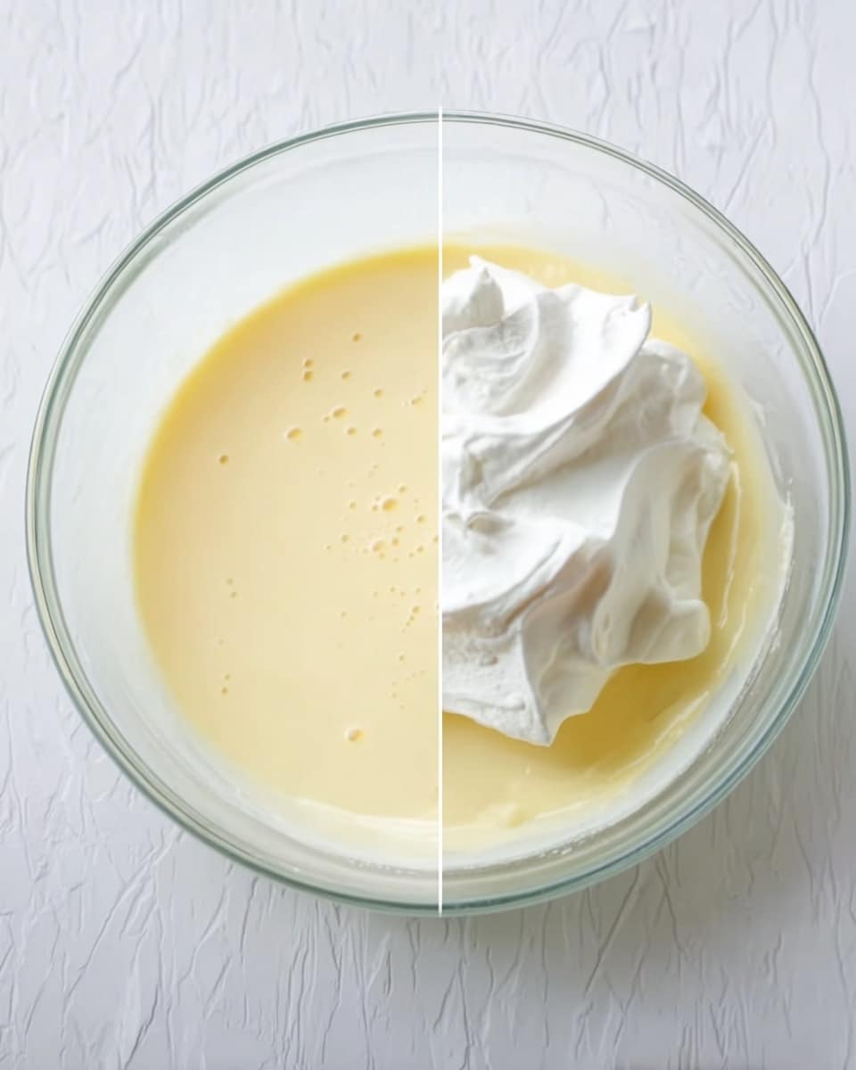 The image shows a clear glass bowl on a white marbled surface. In the first part, the bowl contains a smooth, pale yellow creamy mixture filling most of the bowl with a few small bubbles on the surface. In the second part, a large dollop of thick, white whipped cream sits on top of the yellow cream, creating a soft, fluffy texture with gentle peaks. The bowl's clear glass allows a full view of the creamy layers inside. The lighting is bright and even, highlighting the smooth textures and soft colors. photo taken with an iphone --ar 4:5 --v 7