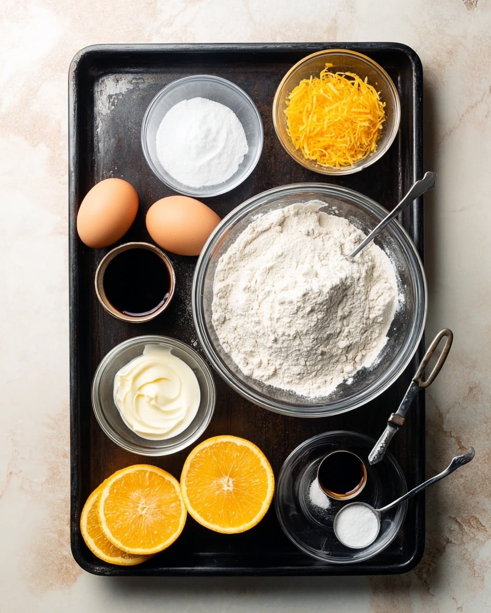 The image shows a dark tray placed on a white marbled surface, holding several baking ingredients arranged neatly. In the center is a large clear glass bowl filled with white flour. Around it are smaller clear bowls containing white sugar, orange zest with a spoon, white cream or yogurt with a spoon, and a bit of white powder, possibly baking powder or soda. There are two whole brown eggs placed on the tray next to two measuring spoons with dark liquid, possibly vanilla or molasses. On the tray corners are halves of bright orange fruit and lemon, showing their juicy, textured interior. photo taken with an iphone --ar 4:5 --v 7