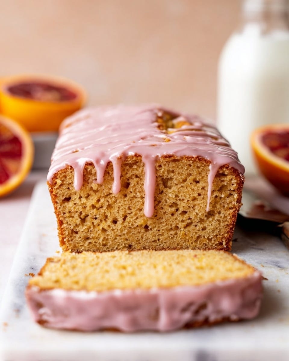 A loaf of golden brown cake with a rough, crumbly texture is shown on a white marbled surface. The cake is topped with a smooth, shiny light pink glaze that drips down the front side in thick streams. Two slices are cut from the loaf, each with the same pink glaze spread evenly on top. The inside of the cake looks moist and slightly dense with small air holes. In the background, there is a blurred bottle of milk and a halved deep red and orange citrus fruit. The image focuses closely on the cake, capturing its soft texture and glossy glaze in warm, natural light photo taken with an iphone --ar 4:5 --v 7