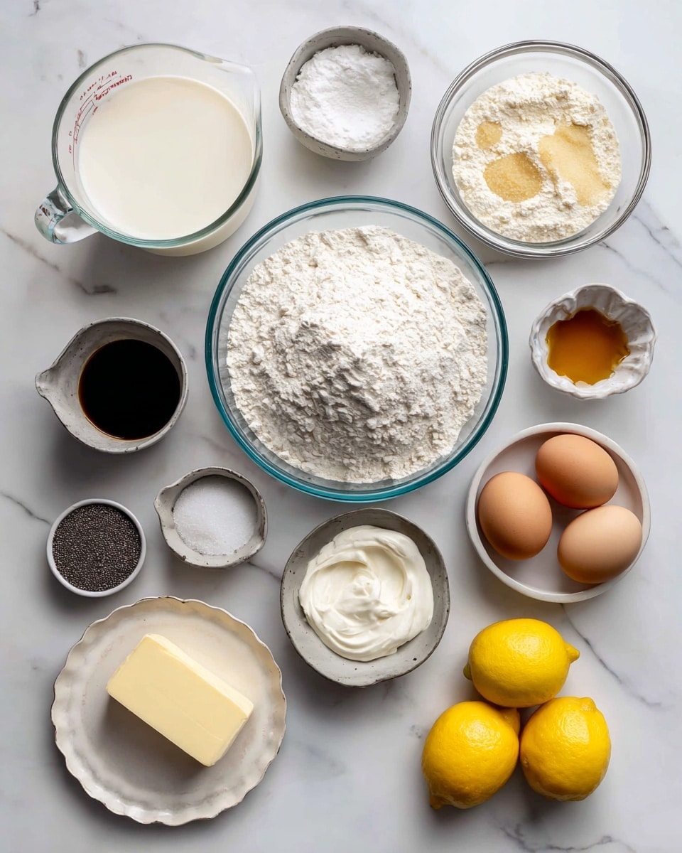 The image shows several clear glass bowls and white dishes arranged neatly on a white marbled surface. At the center is a large clear glass bowl filled with white flour. Above it to the left is a clear glass measuring cup with white milk. To the right of the flour bowl is a smaller clear glass bowl with a mixture of white and light brown sugars, and next to it are two brown eggs. Below and to the right of the eggs is a small clear glass bowl with white sour cream. To the left of the sour cream is a small black dish with dark vanilla extract. Below the flour bowl is a white ceramic plate with a stick of pale yellow butter and two bright yellow lemons. To the left of the flour bowl are a small metal bowl with white salt and a tiny clear glass bowl with white baking powder and soda. In the bottom left corner is a small white scalloped bowl filled with black poppy seeds. Each container is neatly labeled. The whole setup is clean and bright. Photo taken with an iphone --ar 4:5 --v 7