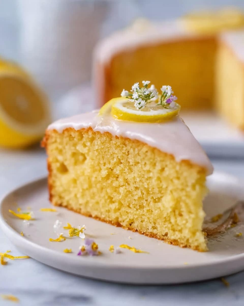 A single slice of yellow lemon cake sits on a white plate, showing its soft, moist texture with small, even air holes. The cake has one visible layer coated with a smooth, light white icing on top. A thin lemon slice and tiny white and yellow flowers decorate the top, adding a fresh touch. The plate rests on a white marbled surface, with a blurred lemon half and more of the cake in the background. Small flower petals are scattered on the plate near the cake slice. Photo taken with an iphone --ar 4:5 --v 7