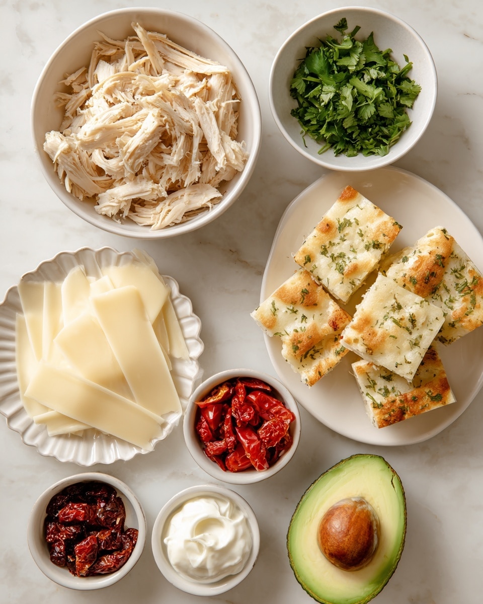 This image shows several white dishes and bowls arranged on a white marbled surface. At the top left, there is a bowl filled with shredded light brown rotisserie chicken. To the right of this, a small white bowl holds chopped green cilantro. Below the chicken is a white fluted plate with several thin, pale yellow slices of gouda cheese. To the right, a white fluted plate holds square pieces of golden focaccia bread sprinkled with herbs. Below these are three small white bowls: one with dark sundried tomatoes, one with bright red peppadew peppers, and one with white mayo. At the bottom right corner is a halved avocado with a green outer skin, bright green flesh, and a brown pit in the center. Photo taken with an iphone --ar 4:5 --v 7