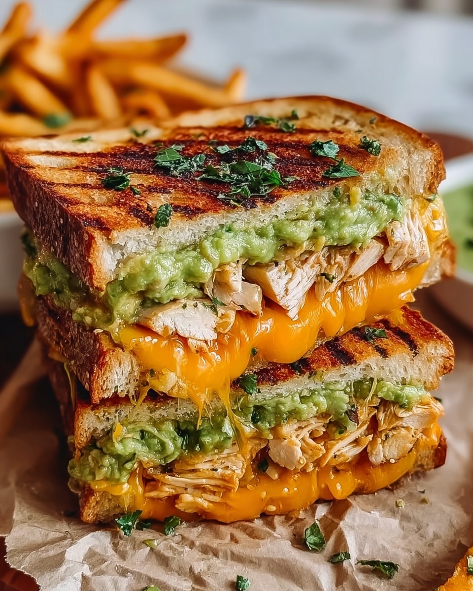 A thick sandwich is shown cut in half and stacked, with three layers of toasted white bread that is golden brown with grill marks. The first layer from the bottom has melted orange cheddar cheese with a smooth and slightly stringy texture, topped with small pieces of grilled chicken meat that looks juicy and light brown with herbs. Above the chicken is a bright green chunky guacamole spread with bits of herbs mixed throughout. The layers repeat again with cheese melted over chicken and guacamole on the top slice of bread, garnished with small green herb pieces. The sandwich sits on wrinkled light beige paper with golden crispy fries visible blurred in the background, all on a white marbled surface. Photo taken with an iphone --ar 4:5 --v 7