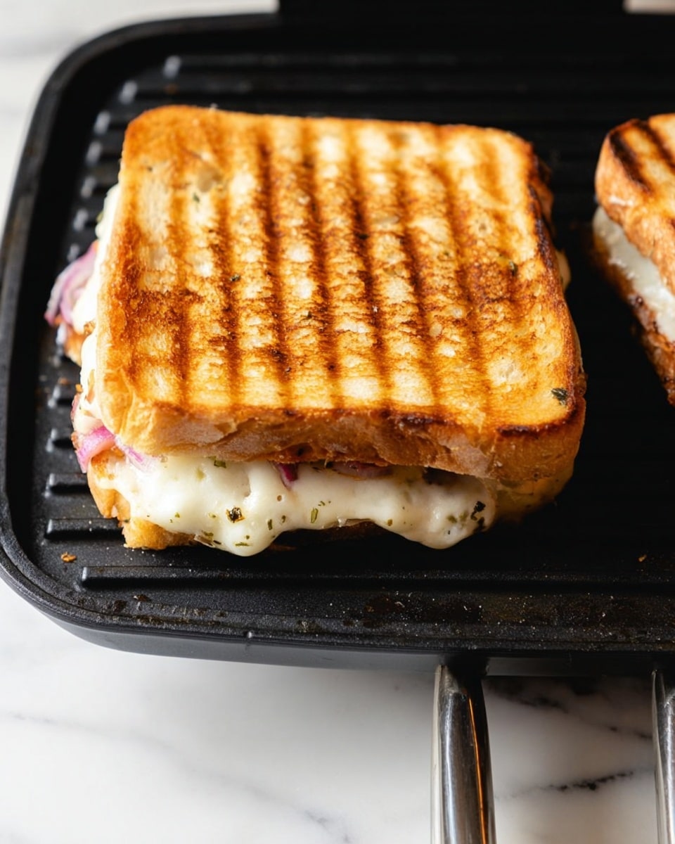 A toasted sandwich with two layers of golden brown, grill-marked square bread on a black grill pan. Inside, there is a melted white cheese layer that oozes slightly around the edges, along with thin slices of pinkish-red onion peeking from the bottom. The sandwich is thick, and the outside bread looks crisp and warm. The background is a white marbled surface with part of the grill handle visible. photo taken with an iphone --ar 4:5 --v 7