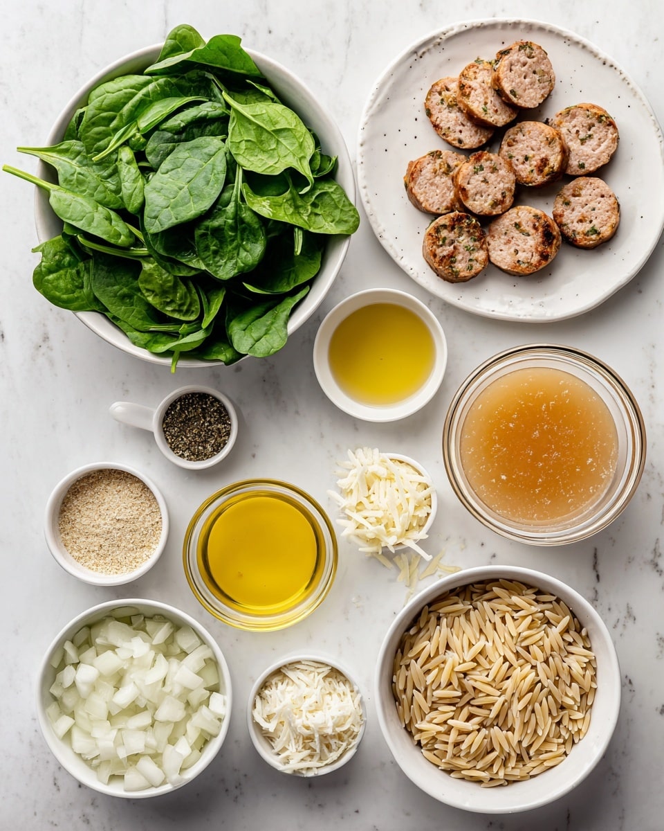 The image shows several white bowls and a plate arranged on a white marbled surface. On the top left, a bowl filled with fresh green baby spinach leaves. Below it, a white plate holds sliced Italian chicken sausage with a browned, textured surface. To the right, a small white bowl with dried Italian seasoning, a smaller white bowl with minced garlic, and another white bowl with shredded Parmesan cheese are placed in a row from left to right. Below these, a small white bowl contains yellow olive oil, next to a white bowl with coarse sea salt. A glass bowl filled with light orange chicken broth is on the right side. Below this is a white bowl filled with dry, light brown orzo pasta, and to its left is a white bowl filled with diced white onions. A tiny white bowl with black pepper completes the set. Everything is clean, bright, and neatly arranged for easy viewing. Photo taken with an iphone --ar 4:5 --v 7