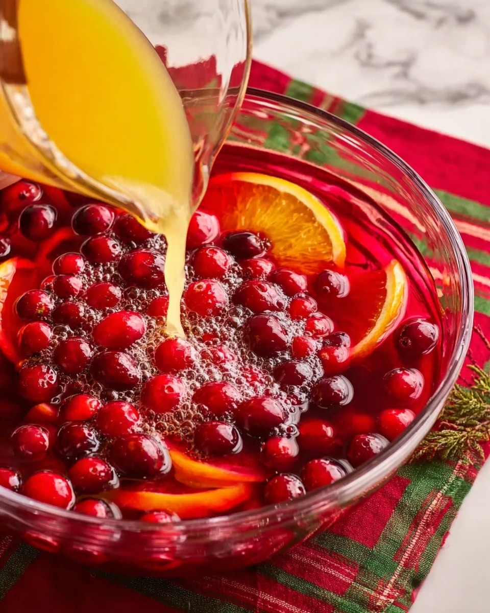A clear glass bowl filled with bright red cranberries and orange slices floating in a deep red liquid, placed on a white marbled surface with a red and green striped cloth beneath it. A woman's hand is pouring vibrant yellow orange juice from a clear glass pitcher into the center of the bowl, causing bubbles and mixing with the red liquid. The cranberries are shiny and round, densely packed on top, while the orange slices are partially visible around the edges, creating a colorful and fresh look. Photo taken with an iphone --ar 4:5 --v 7