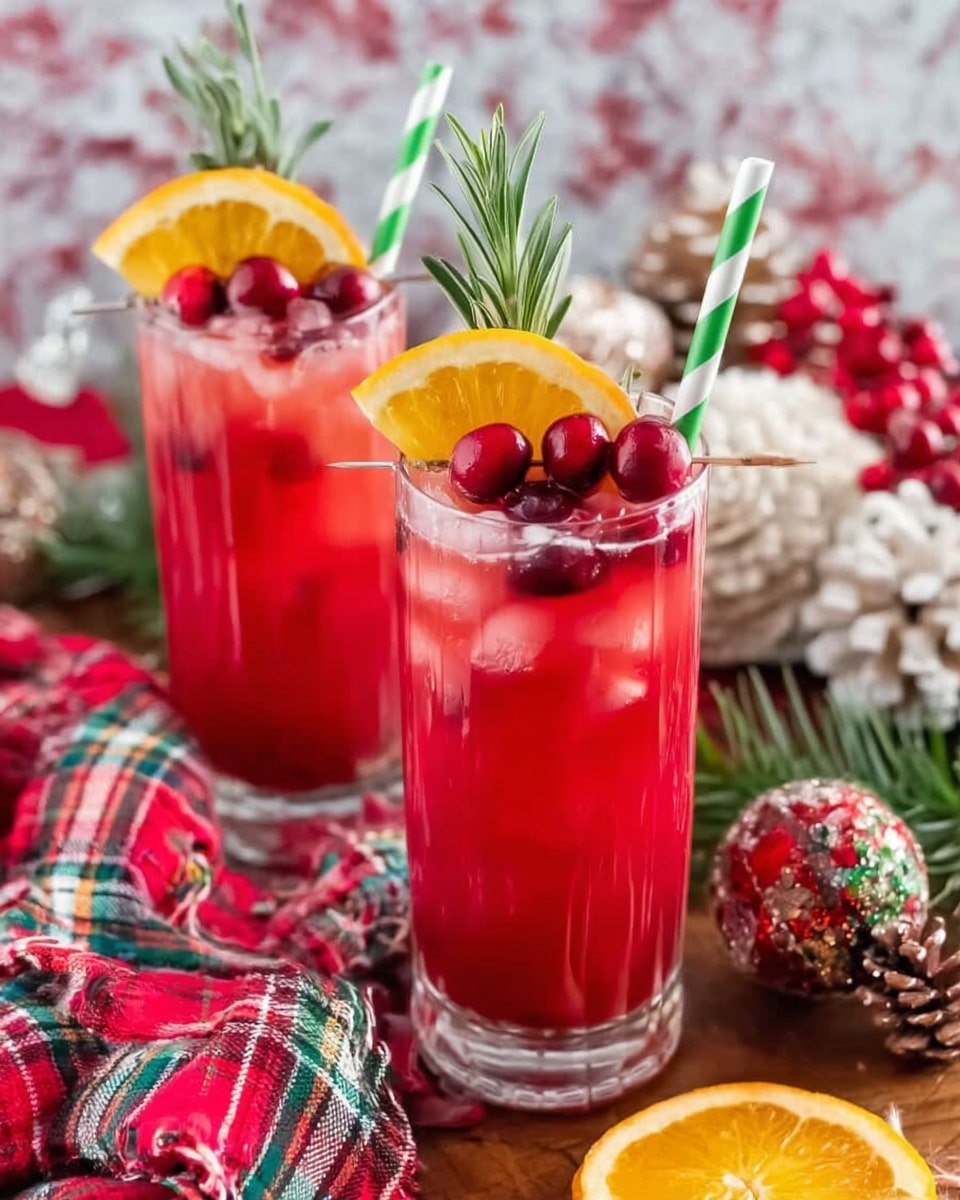 The image shows two tall clear glasses filled with a bright red drink, each garnished with a round slice of orange, a few red berries, and a sprig of green rosemary on top. The drinks have green and white striped straws placed inside. The glasses sit on a wooden surface, surrounded by festive decorations including a red and white patterned cloth and a red, green, and yellow plaid ornament. The background has a white marbled texture and soft festive elements like pine cones and a fuzzy white decoration. photo taken with an iphone --ar 4:5 --v 7