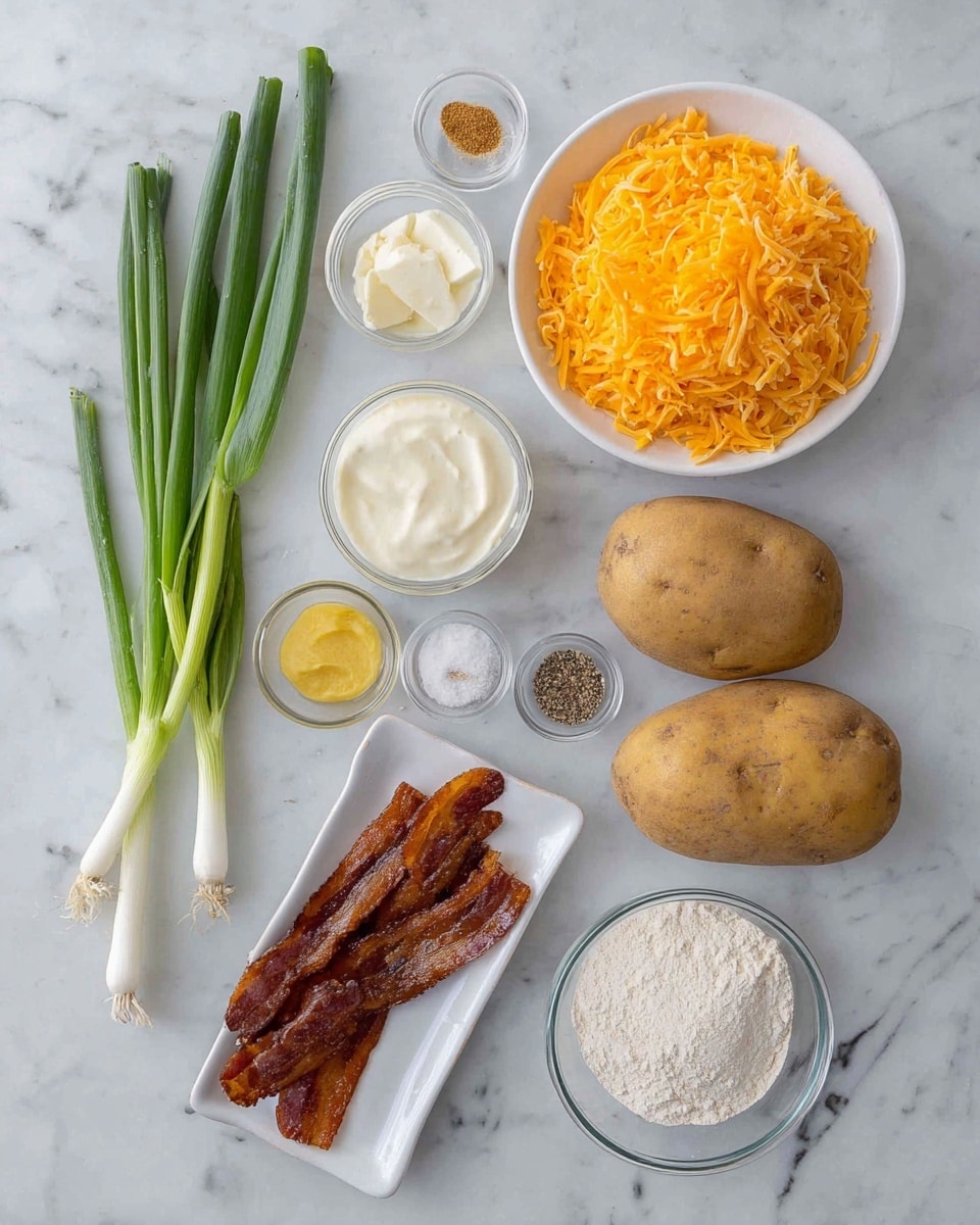 The image shows an arrangement of ingredients for a dish on a white marbled surface. There are three whole potatoes on the right side, with one white bowl above containing a large amount of shredded orange cheese. Below the cheese is a clear glass bowl with a creamy white sauce, and to the left of it is a small white bowl with a dollop of another creamy white ingredient. At the bottom left, there's a white rectangular dish holding three crispy strips of browned bacon. Next to this dish are several long green onions with white bulbs. Above the green onions, a small white plate has four types of seasoning: black pepper, salt, and two light-colored powders. Nearby, there is a small glass bowl with a dollop of yellow mustard, another small white bowl filled with a floury substance, and a small yellow bowl with coarse salt. The photo taken with an iphone --ar 4:5 --v 7