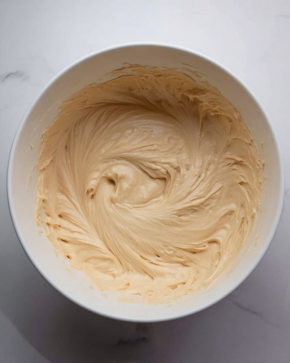 A white mixing bowl filled with smooth, light tan creamy batter, with swirls and soft peaks showing its thick and fluffy texture. The bowl sits on a white marbled surface, with no other objects around. The batter looks well mixed and ready to use photo taken with an iphone --ar 4:5 --v 7
