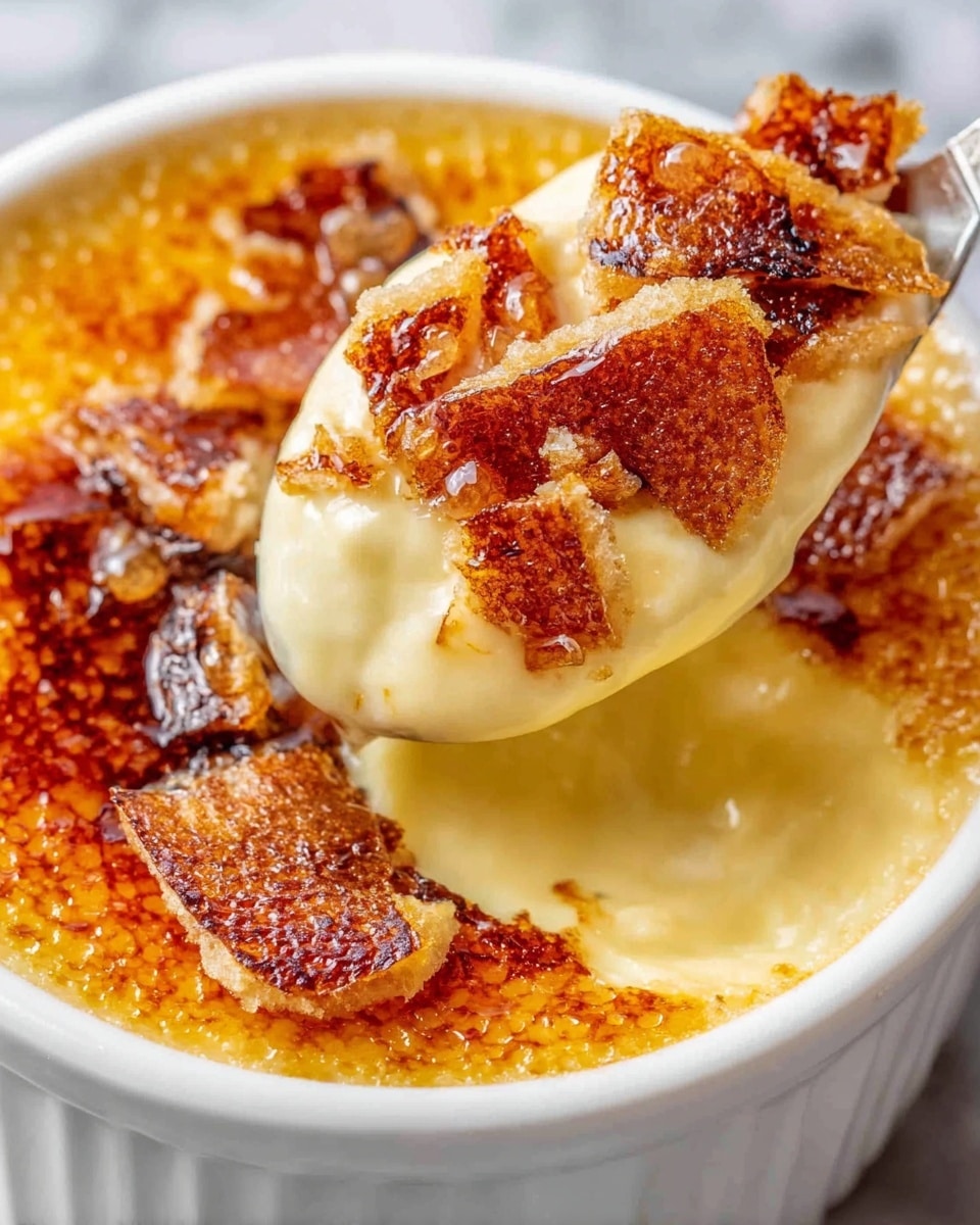 The image shows a small white bowl filled with a creamy pale yellow custard dessert. The top layer is a thin, golden brown caramelized sugar crust that looks crisp and shiny. Some pieces of the caramelized crust have been broken and are scattered on top and around the custard, showing the smooth creamy texture underneath. A spoon is scooping a portion from the bowl, lifting some of the creamy custard and caramel bits. The white marbled surface below the bowl is slightly visible. photo taken with an iphone --ar 4:5 --v 7