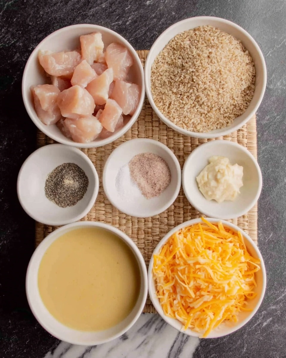 The image shows six white bowls placed on a light brown woven mat. Starting from the top left, one bowl is filled with cubed raw chicken pieces in a pale pink color. To its right, a bowl contains uncooked brown rice with a grainy texture. Below the chicken bowl, a small bowl holds a creamy white paste, likely minced garlic. Centered below the rice bowl, another bowl contains three portions of powder—black pepper, light pink salt, and white salt—neatly separated. At the bottom left, a bowl has a smooth light yellow sauce or liquid, while the bottom right bowl is filled with bright orange shredded cheese. The whole setup rests on a dark surface transitioning into a white marbled texture. photo taken with an iphone --ar 4:5 --v 7