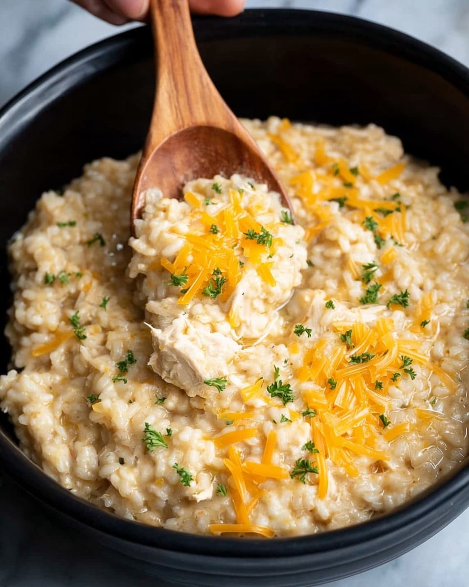 A close-up of a creamy risotto dish in a black bowl on a white marbled surface. The risotto has a thick, soft texture with visible pieces of white chicken and shredded orange cheddar cheese mixed throughout. Small green parsley bits are sprinkled evenly across the whole dish. A woman's hand holding a wooden spoon is scooping some risotto from the center, showing the thick and rich consistency of the meal. photo taken with an iphone --ar 4:5 --v 7