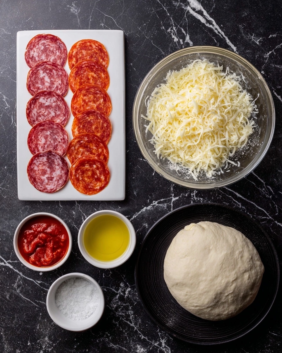 The image shows ingredients arranged neatly on a dark surface with a white marbled texture. There is a white rectangular plate on the left with two rows of sliced cured meats: a row of round red slices and a row of round lighter pink slices. In the center, a clear glass bowl holds grated cheese with a light yellow color. To the right, a black round plate contains a ball of dough dusted with flour. Below these, from left to right, are four small white bowls: one with red tomato sauce, one with white creamy cheese, one with coarse salt, and one with light yellow olive oil. photo taken with an iphone --ar 4:5 --v 7