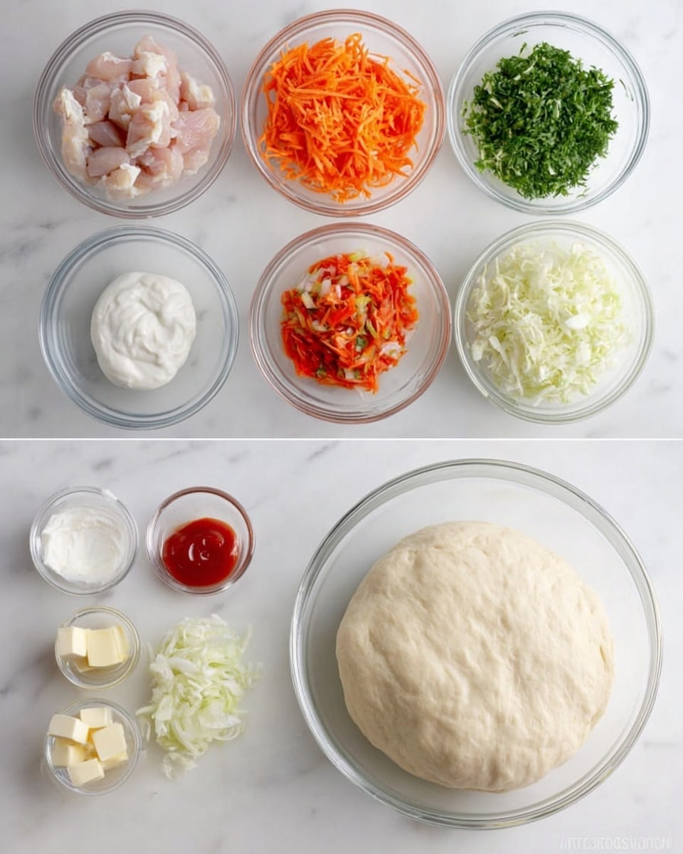 The image shows two side-by-side photos on a white marbled surface. On the left, there are nine clear glass bowls arranged closely. From top left to bottom right, the bowls hold small raw chicken pieces that are light pink with white fat, bright orange shredded carrots, finely chopped fresh green herbs, a dollop of white sour cream, a small amount of red ketchup, clear water, white chopped onions, pale shredded cabbage, and several small pieces of pale yellow butter. On the right, there is a single clear glass bowl containing smooth, pale beige dough with a slightly puffy texture. The setup is clean and simple, with good lighting. Photo taken with an iphone --ar 4:5 --v 7