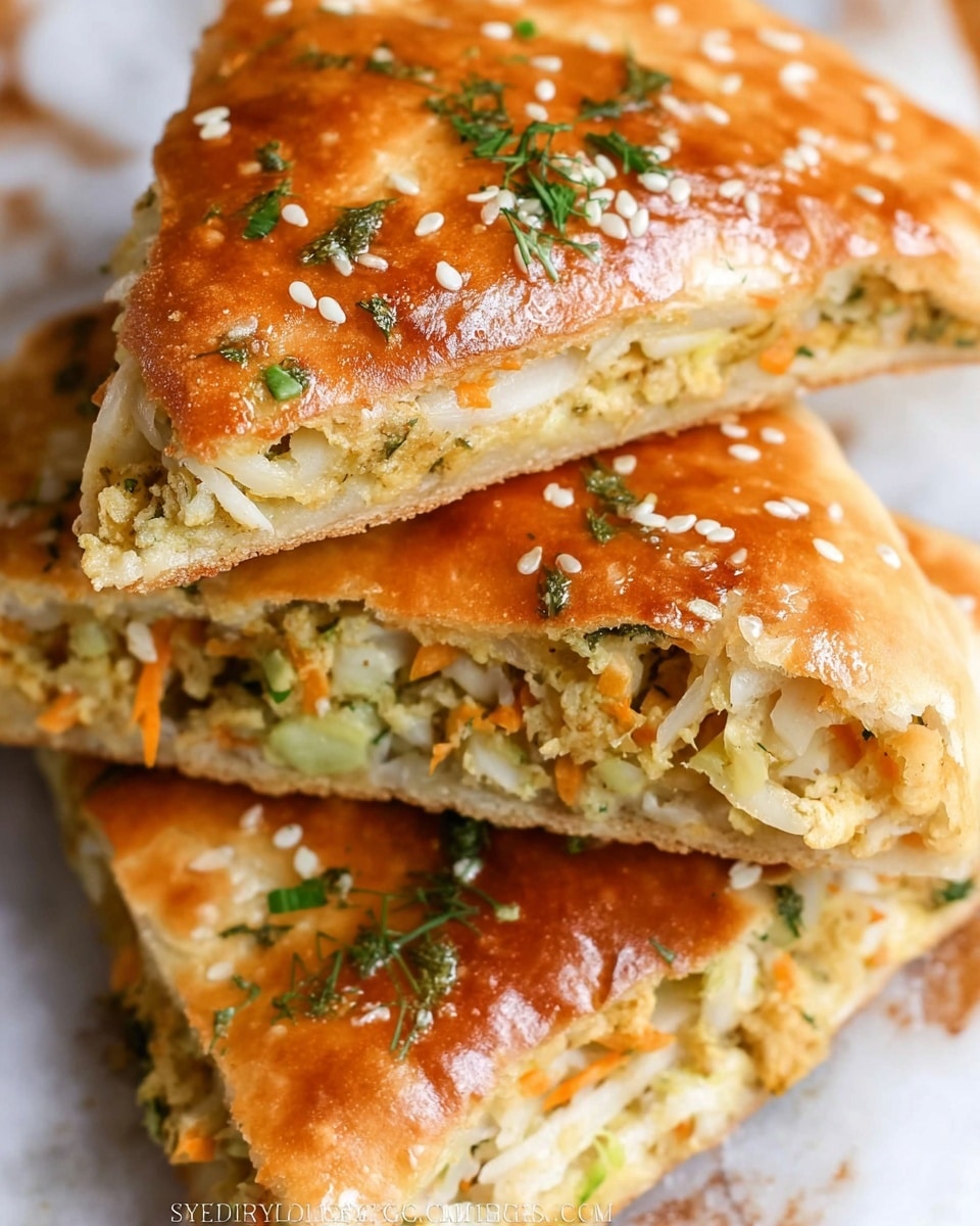 The image shows a close-up of three triangular pieces of stuffed flatbread stacked on a white marbled surface. The flatbread is golden brown with a shiny, slightly glazed crust sprinkled with sesame seeds and small green herb bits. The inside reveals a mixture of grated vegetables, showing orange, white, and light green colors with a shredded texture. The focus is sharp on the layers of the flatbread and filling, showing a soft, fluffy inside contrasted with the crisp outer layer. photo taken with an iphone --ar 4:5 --v 7