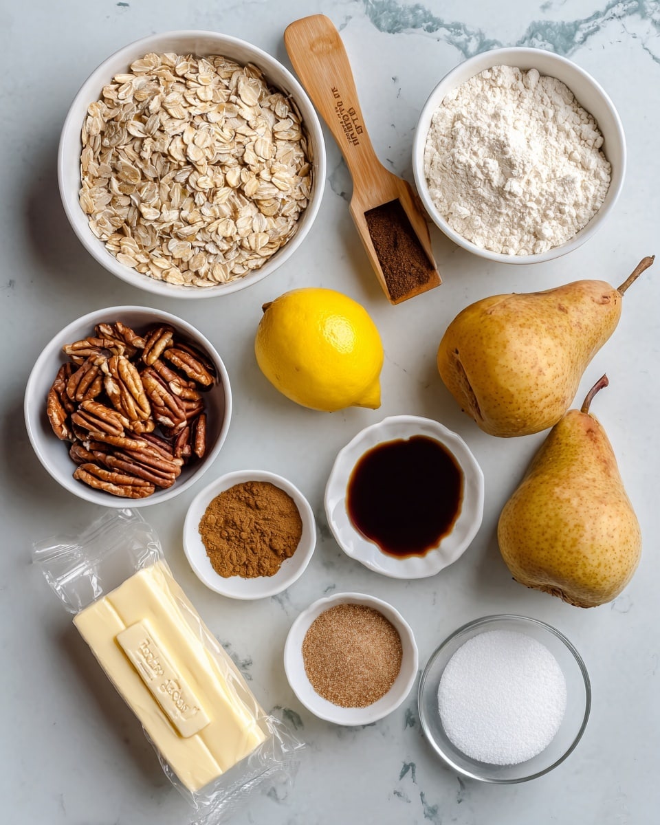 The image shows various cooking ingredients arranged on a white marbled surface. There is a wooden scoop filled with light brown rolled oats on the left side. Above that, a small white bowl holds medium brown pecans. To the right, a clear bowl contains white flour. Two large, light brown pears with stems lay beside a bright yellow lemon in the center. Below the fruits, a small white dish has two brown spices side by side. Near this dish, a white bowl is filled with light brown sugar, and a small cup holds dark vanilla extract. A wrapped stick of butter with a yellow label lies nearby next to a clear bowl full of white granulated sugar. The ingredients are spread out neatly and clearly visible. Photo taken with an iphone --ar 4:5 --v 7