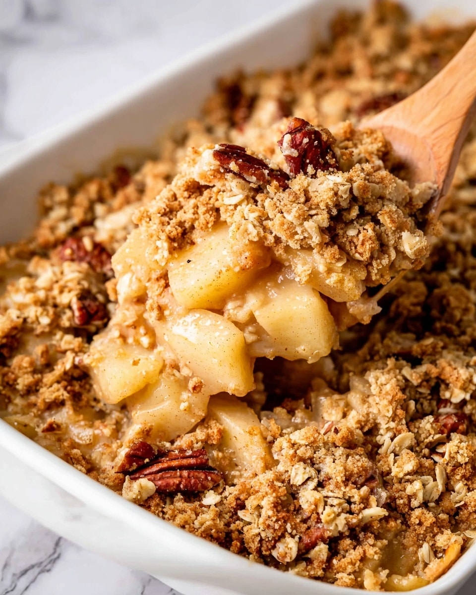 The image shows a close-up of a white dish filled with a layered apple crumble. The bottom layer is made of soft, light beige cooked apple pieces that look tender and juicy. On top of the apple layer, there is a crumbly topping that is thick and golden-brown with small oats and pieces of toasted pecans scattered in it, adding texture and color contrast. A wooden spoon is scooping a portion of the crumble from the dish, revealing both the apple layer and the crunchy topping clearly. The dish is on a surface with a white marbled texture. Photo taken with an iphone --ar 4:5 --v 7