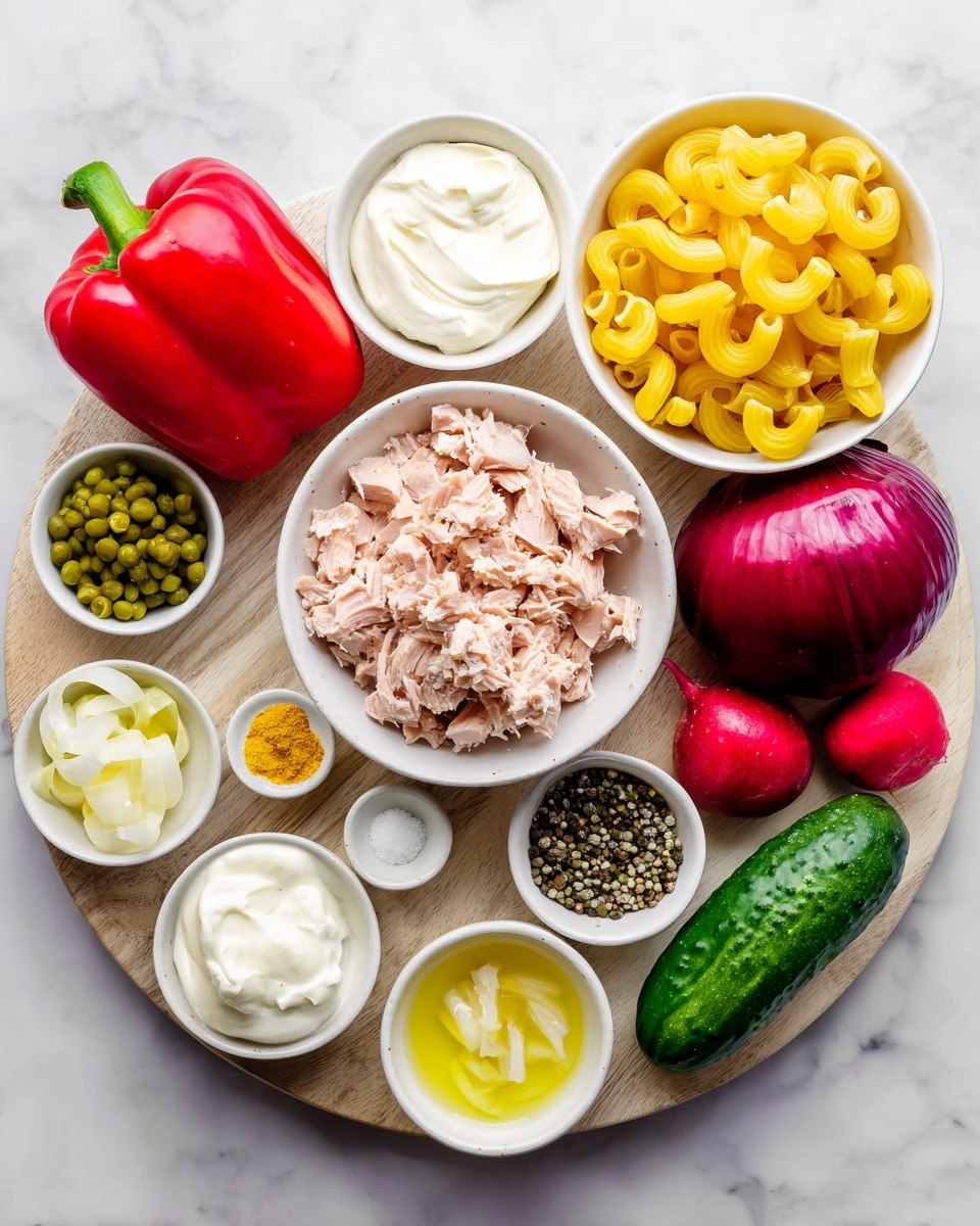 A round wooden board on a white marbled surface holds a colorful array of ingredients arranged neatly. At the center, there is a white bowl filled with pale pink canned tuna pieces. To its right, another white bowl contains bright yellow elbow pasta. Surrounding these are several small white bowls, each holding different ingredients: a creamy, white light mayonnaise, a similar white light sour cream, yellow mustard powder, and light lemon juice. There are also small piles of green gherkins, black and white pepper, and white salt in small white bowls. Fresh vegetables include a large shiny red bell pepper, a bright red sliced onion, deep red radishes with white centers, and a green cucumber. The photo is taken with an iphone --ar 4:5 --v 7
