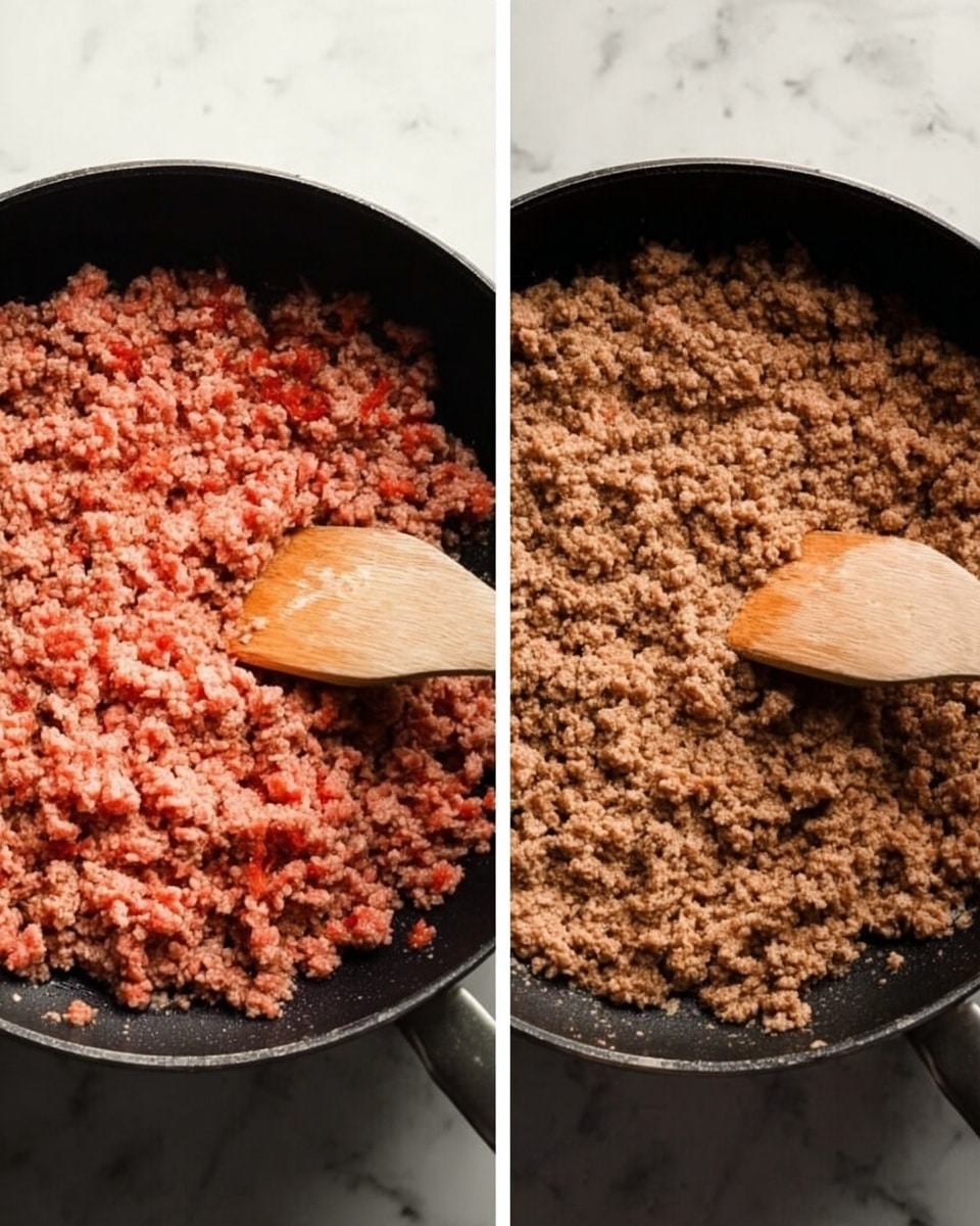 The image shows two side-by-side photos of ground meat cooking in a black pan on a white marbled surface. The left photo has raw ground meat with a pink and red color mixed with some browned parts, while the right photo shows the same meat fully cooked, all brown and crumbly. A wooden spatula with a smooth texture is placed in the top right corner of each pan, stirring the meat. Photo taken with an iphone --ar 4:5 --v 7