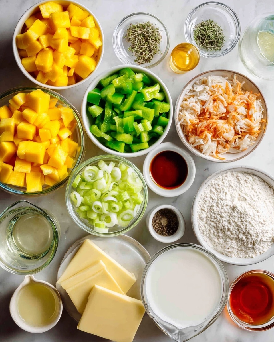 The image shows many small white bowls and glass containers placed on a white marbled surface. The bowls hold bright yellow cubed mango, chopped green bell pepper, white chopped onion, a mix of light brown and orange shredded seafood, and white flour. There are also slices of green celery and light green round leek pieces spread out on the surface. Two small bowls contain thyme and black pepper, and there are liquid ingredients like honey, clear water, white milk, and a small bowl of red sauce or extract. Three thin slices of yellow butter are placed beside the bowls. All the ingredients are neatly organized and colorful. photo taken with an iphone --ar 4:5 --v 7