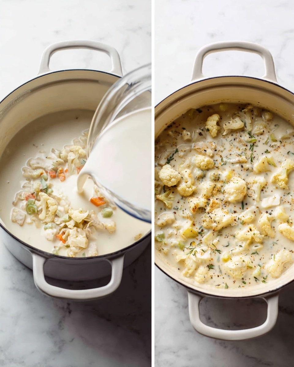 A white pot filled with a thick creamy soup shown in two images side by side; on the left, a clear white liquid is being poured from a transparent pitcher into the pot containing small pale pieces of vegetables and herbs, while the right shows the same pot filled with the fully mixed creamy soup that includes chunks of pale cauliflower, light yellow vegetables, and specks of green herbs, all sitting on a white marbled surface. photo taken with an iphone --ar 4:5 --v 7