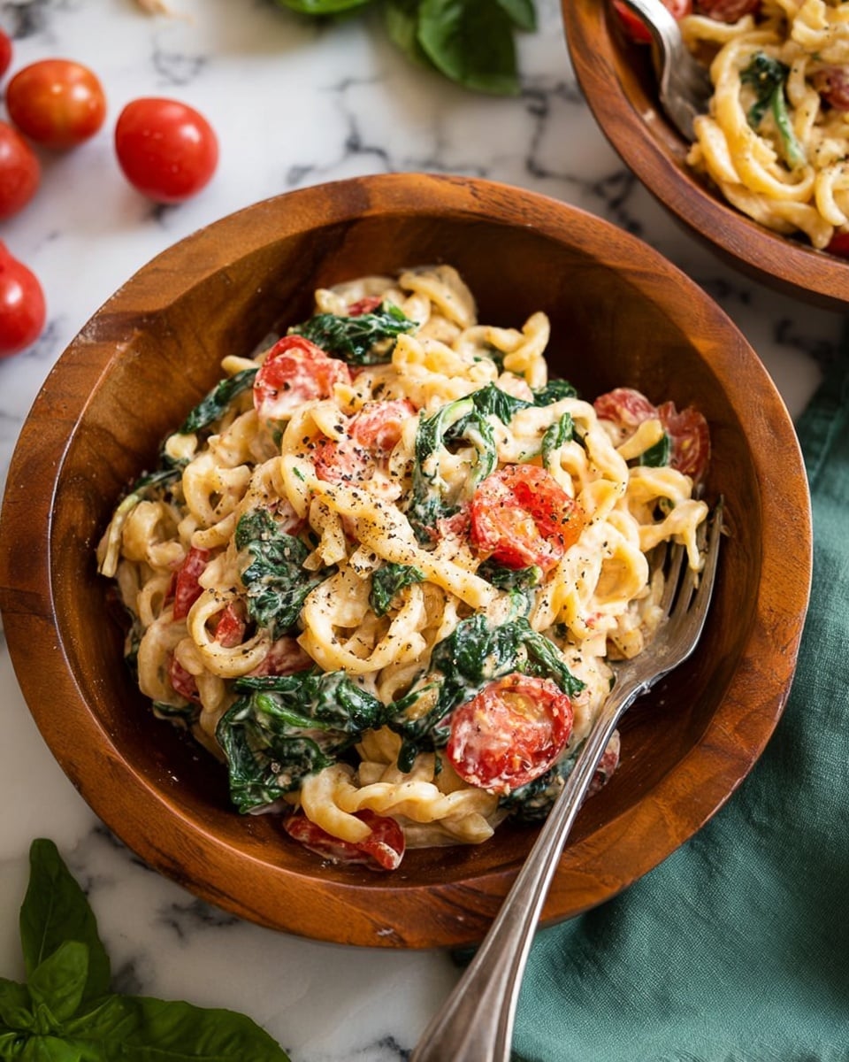 A wooden bowl filled with creamy pasta layered with light golden curly noodles, mixed with wilted dark green spinach leaves and bright red cherry tomatoes blended throughout. The sauce covers the pasta, giving it a smooth, slightly glossy texture, sprinkled with black pepper. A silver fork rests inside the bowl on the right side. The bowl sits on a white marbled surface next to scattered whole cherry tomatoes, a green napkin, and some fresh green basil leaves. In the background, part of a second bowl with the same pasta is visible. Photo taken with an iphone --ar 4:5 --v 7