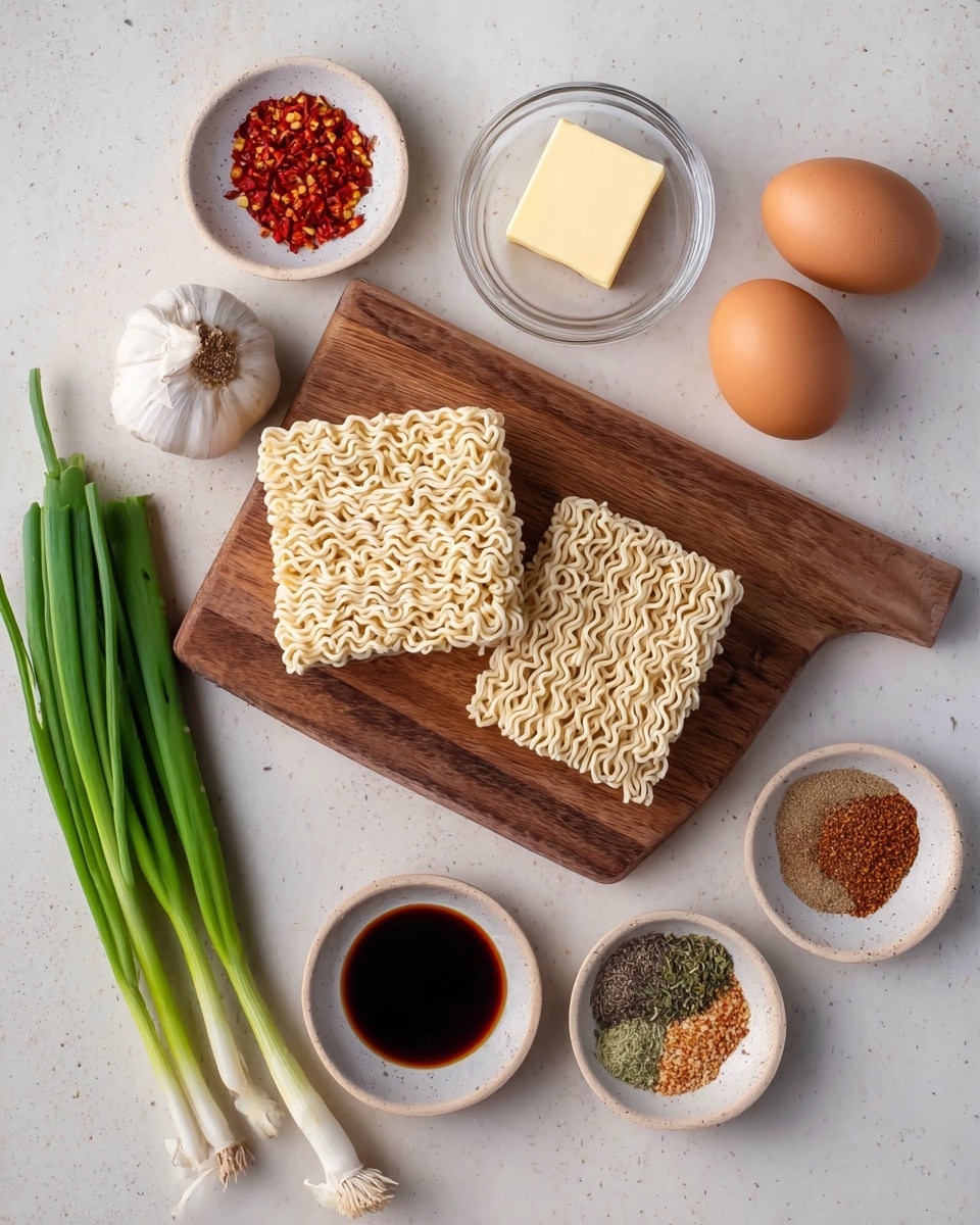 The image shows cooking ingredients placed on a white marbled surface. In the center, there is a wooden cutting board with two square blocks of uncooked instant noodles stacked side by side. Above the board, there is a small glass bowl with a square piece of butter. To the right of the board, there are two brown eggs and a whole garlic bulb. To the left of the board, there are three long green onions lying next to a small white round plate containing red chili flakes and a small glass bowl filled with dark soy sauce below it. At the bottom right, there are two more small white round plates, one with a brown powder spice and the other with a mixed colorful spice blend. The arrangement is neat and evenly spaced. photo taken with an iphone --ar 4:5 --v 7